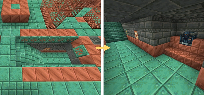 議場の間に生成される宝物庫の例。中央の階段を進んだ先に宝物庫が1つ生成されている。